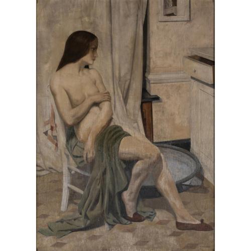 Languida giovane donna di Louis BuisseretLouis Buisseret (Binche, Belgio, 1888-1956) è stato un pittore, disegnatore e incisore che si è distinto principalmente per i suoi ritratti realistici. Fu discepolo di Jean Delville , che segnò molto il suo lavoro.