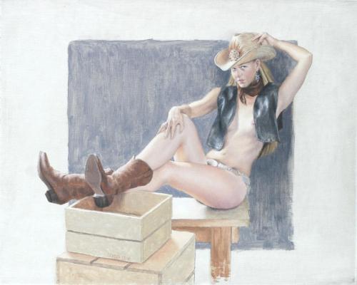 Leather Vest and Wrong Size Boots - Oil on illustration board - Painting by © Seidai Tamura - AmorArt