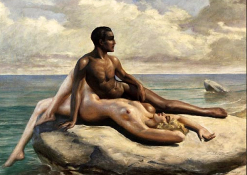 Man and woman naked at sea - Painting by © Marcel René Von Herrfeldt - AmorArt
