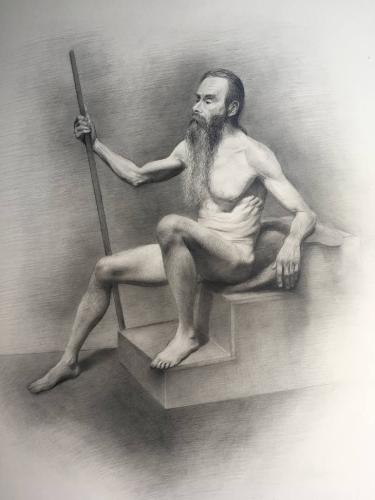 Man with a stick, sitting - Drawing Graphite on paper by Christopher LoPresti - AmorArt