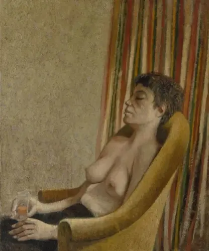 Martine au fauteuil jaune et au verre de whisky - Painting oil on canvas by © Jean-Claude Besson-Girard - AmorArt