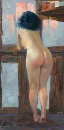 Model on the Balcony. Red Sunset - Painting by © Denis Chernov