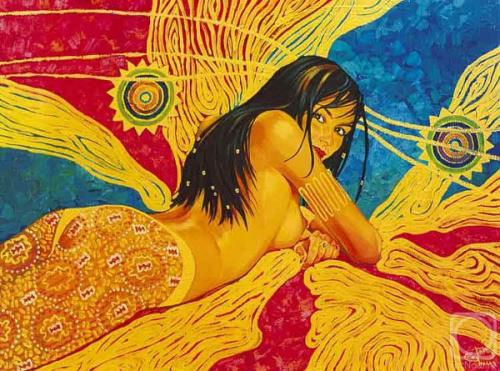 Mood - Hallah Abdel Fattah Art © AmorArt.it<br><br>...dipinti colorati esotici, come fossero illuminati dall'interno, irradiano luce tutt'intorno. Imbevuti di un caldo sole dorato, raccontano storie di gatti, donne graziose e belle con il profilo della regina Nefertiti, flessibili ed plastiche danzatrici dell'amore....