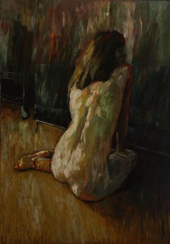 Mujer Sentada - Painting oil on canvas by © Juan Dominguez - AmorArt