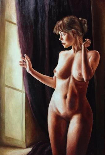 Near the window - Paintig oil on canvas by © Oleg Baulin - AmorArt