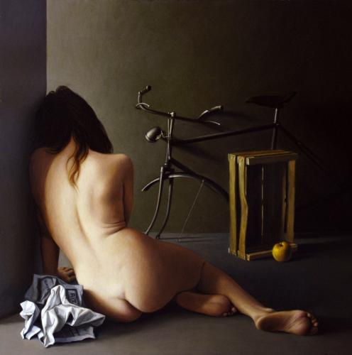 Nuda,bici, mela e cassetta 2008 - olio su tavola - Painting by © Vittorio Polidori - AmorArt