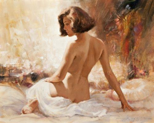 Nude - Oil on canvas by Howard RogersHoward Rogers, nato nel 1932, è molto noto per i suoi dipinti che raffigurano cowboy muscolosi con i loro meravigliosi cavalli, i suoi nudi non sono da meno però; posseggono una elegantissima carica erotica che non ha nulla da invidiare alle opere di altri autori di questo genere pittorico più famosi di lui...
