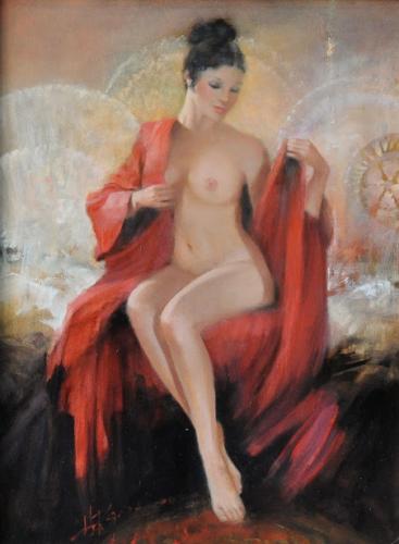 Nude  - Oil on canvas by Howard RogersHoward Rogers, nato nel 1932, è molto noto per i suoi dipinti che raffigurano cowboy muscolosi con i loro meravigliosi cavalli, i suoi nudi non sono da meno però; posseggono una elegantissima carica erotica che non ha nulla da invidiare alle opere di altri autori di questo genere pittorico più famosi di lui...