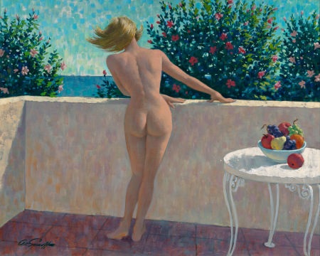 Nude Blonde on Balcony - Painting oil on canvas by © Arthur Saron Sarnoff - AmorArt