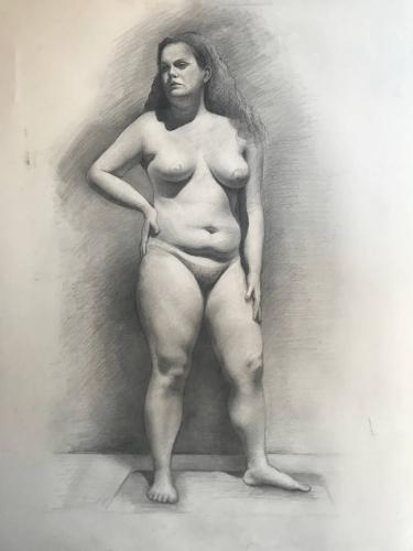 Nude Girl Standing, Hand on Hip - Drawing Graphite on paper by Christopher LoPresti - AmorArt