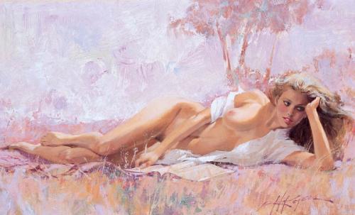 Nude With Book - Oil on canvas by © Howard Rogers - AmorArt
