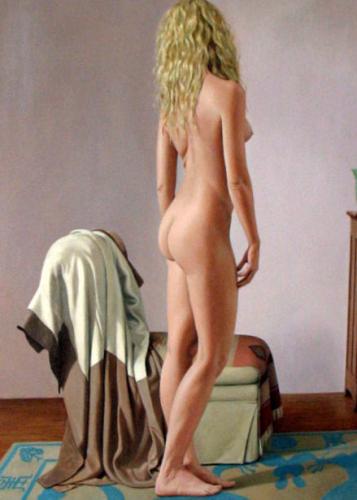 Nude With Kimono - Artwork by © Ron Schwerin - AmorArt<br><br>Nei suoi ritratti di nudo, Ron Schwerin evoca momenti privati ​​di languore femminile, carichi di un erotismo sobrio, ma potente. ...