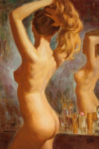 Nude at the Dressing Table - Painting oil on canvas by © Earl Moran - AmorArt