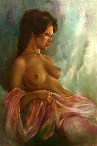 Nude brunette looking into the distance - Painting by © Leo Jansen - AmorArt