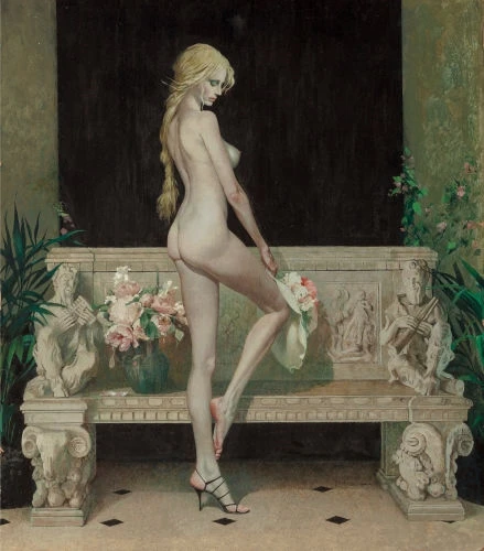 Nude by a Bench - Tempera on board - Artwork by © Robert E. McGinnis - AmorArt