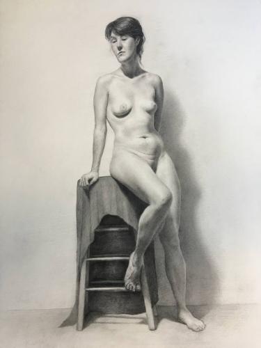 Nude figure on a stool - Drawing Graphite on paper by Christopher LoPresti - AmorArt