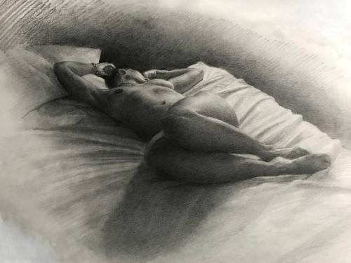 Nude figure, stretching, on bed - Drawing Graphite on paper by Christopher LoPresti - AmorArt
