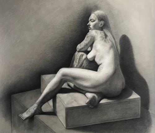 Nude girl, extended, tattoos - Drawing Graphite on paper by Christopher LoPresti - AmorArt