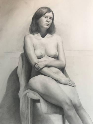 Nude girl, sitting, forlorn, expressing melancholy - Drawing Graphite on paper by Christopher LoPresti - AmorArt