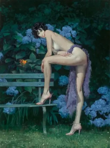Nude in the Garden - Oil on board - Artwork by © Robert E. McGinnis - AmorArt