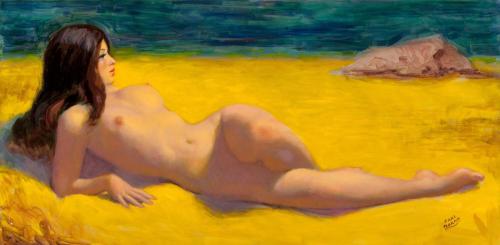 Nude on Beach - Painting oil on board by © Earl Moran - AmorArt