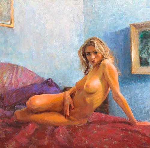 Nude on Red - Painting by © Eric Wallis - AmorArt