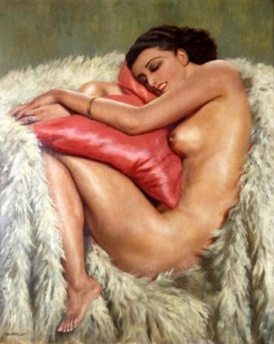 Nude on fur reclining female nude - Painting by © Marcel René Von Herrfeldt - AmorArt