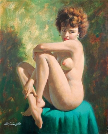 Nude seated on a green hassock - Painting oil on canvas by © Arthur Saron Sarnoff - AmorArt