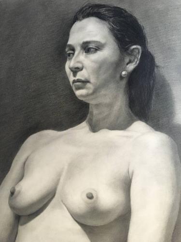 Nude, topless woman - Drawing Graphite on canvas by Christopher LoPresti - AmorArt