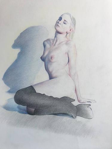 Nude, with boots - Drawing Colored pencil on paper by Christopher LoPresti - AmorArt