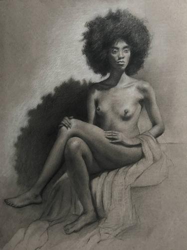 Nude woman, with large hair - Drawing Graphite on paper by Christopher LoPresti - AmorArt