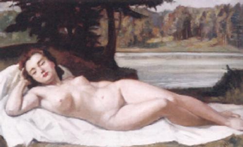 Nudo femminile sdraiato davanti ad un laghetto - Painting oil on cardboard by © Ivo Salinger - AmorArt