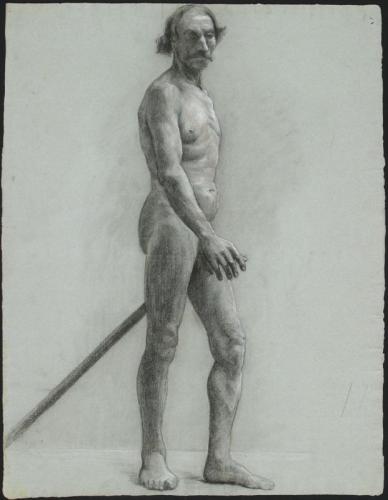 Nudo maschile in piedi - Luc-Olivier MersonLuc-Olivier Merson (Parigi, Francia, 1846-1920) è stato un pittore e illustratore francese il cui lavoro si muove tra l'accademismo e il simbolismo. Il suo primo grande successo risale al 1869 quando vinse il Gran Premio di Roma con il suo dipinto "Il Soldato di Maratona"
