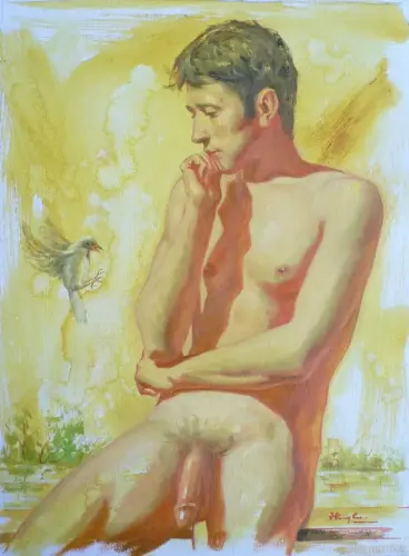 OIL PAINTING BODY ART NAKED MAN AND A BIRD #16-7-30 (2016) - Artwork by Hongtao Huang - AmorArt