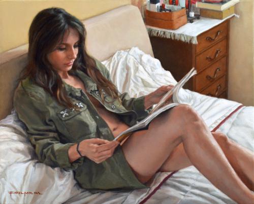 Ociosa sobre la cama - Painting Oil on canvas by © Fidel Molina - AmorArt