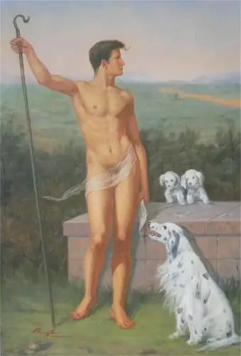 Oil painting male nude and dogs on linen #1724 (2014) - Artwork by Hongtao Huang - AmorArt