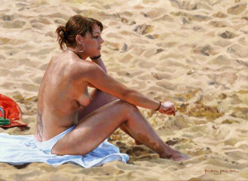 Pensativa en la playa - Painting Oil on canvas by © Fidel Molina - AmorArt