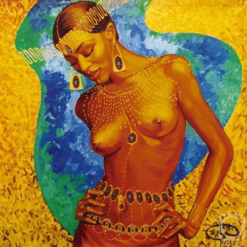 Plastic Of Africa - Hallah Abdel Fattah Art © AmorArt.it<br><br>...dipinti colorati esotici, come fossero illuminati dall'interno, irradiano luce tutt'intorno. Imbevuti di un caldo sole dorato, raccontano storie di gatti, donne graziose e belle con il profilo della regina Nefertiti, flessibili ed plastiche danzatrici dell'amore....
