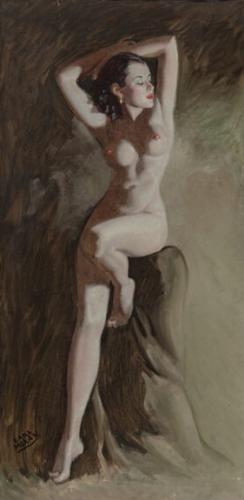 Posing (Seated Nude) - Painting oil on canvas by © Earl Moran - AmorArt