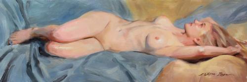 Reclining Figure on Blue (3-hr alla prima) - oil on aluminum panel - Private Collection - Painting by © Anna Rose Bain - AmorArt