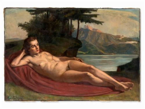 Reclining Nude at the Lake - Painting oil on canvas by © Ivo Salinger - AmorArt