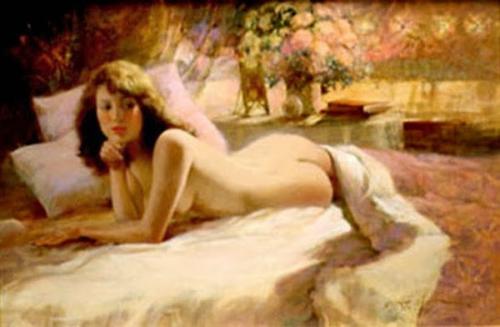 Reclining nude - Oil on canvas by Howard RogersHoward Rogers, nato nel 1932, è molto noto per i suoi dipinti che raffigurano cowboy muscolosi con i loro meravigliosi cavalli, i suoi nudi non sono da meno però; posseggono una elegantissima carica erotica che non ha nulla da invidiare alle opere di altri autori di questo genere pittorico più famosi di lui...