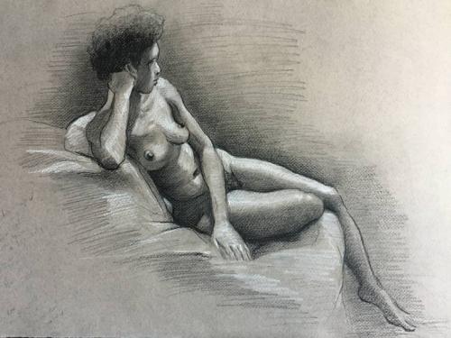 Reclining nude female - Drawing Graphite on toned paper by Christopher LoPresti - AmorArt