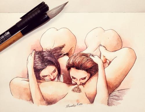 Sapphic dreams 01 - Watercolor Painting - black liner by Sweety Kissa - AmorArt