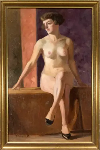 Seated female nude - Framed Painting by © Béla Czene - AmorArt