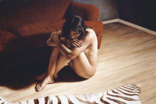 Seated model with zebra skin - Painting by © Jeffrey Gold - AmorArt