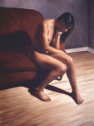 Seated nude on red sofa - Painting by © Jeffrey Gold - AmorArt