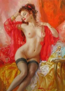 Séductrice en rouge - Painting oil on canvas by © Konstantin Razumov - AmorArt