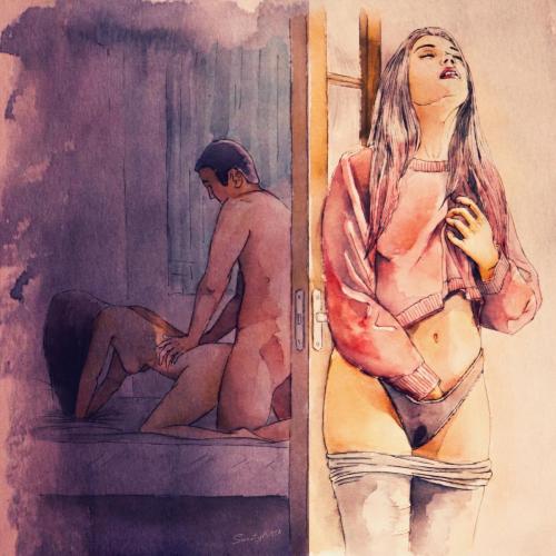 Sensual sketches of my desires 03 - Watercolor Painting - black liner by Sweety Kissa - AmorArt