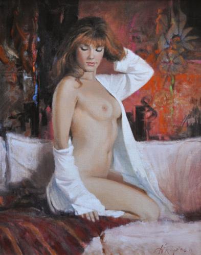 Sitting Nude  - Oil on canvas by Howard RogersHoward Rogers, nato nel 1932, è molto noto per i suoi dipinti che raffigurano cowboy muscolosi con i loro meravigliosi cavalli, i suoi nudi non sono da meno però; posseggono una elegantissima carica erotica che non ha nulla da invidiare alle opere di altri autori di questo genere pittorico più famosi di lui...